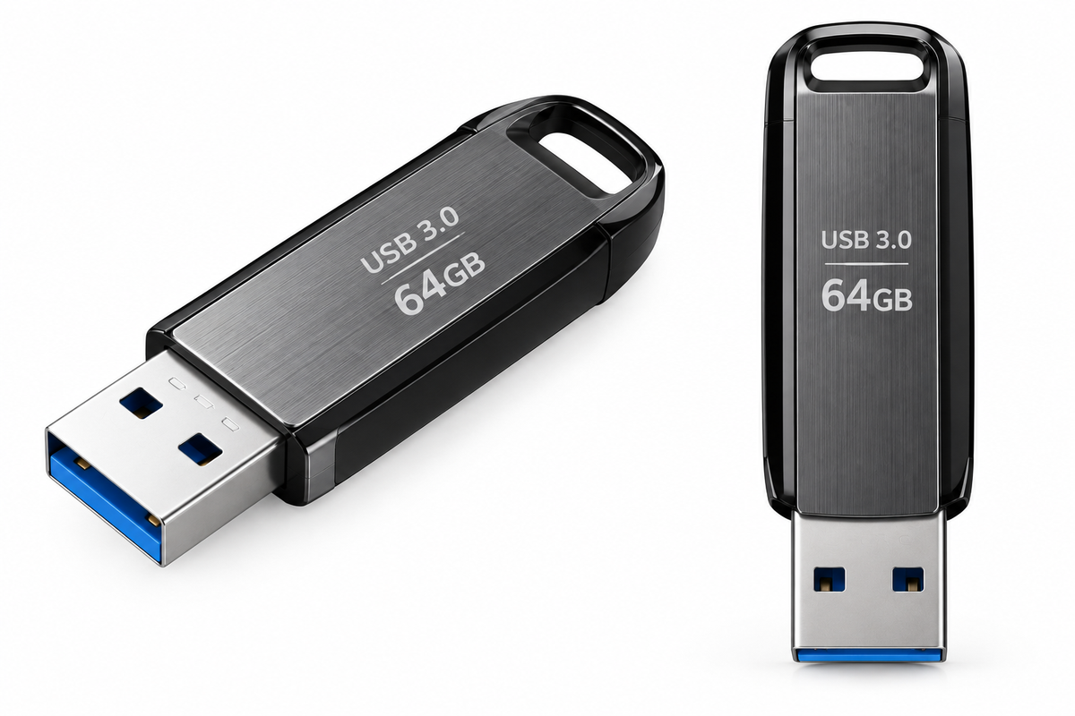 Clé USB 3.0 noire en métal brossé et plastique, capacité 64 Go, design compact avec connecteur bleu USB 3.0 visible.