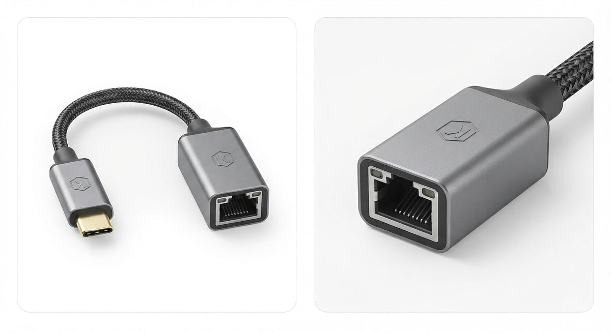 Adaptateur Ethernet RJ45 vers USB-C gris en alliage métallique avec câble tressé noir, connecteur USB-C doré compact.