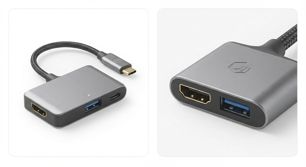 Adaptateur USB-C vers HDMI en alliage métallique gris avec port USB 3.0 bleu et câble tressé noir renforcé.