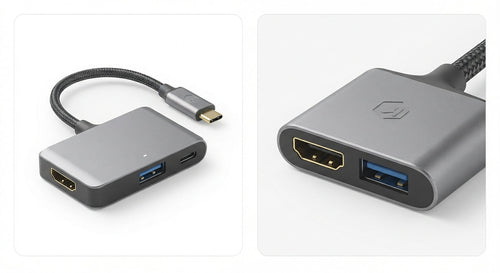 Adaptateur USB-C vers HDMI en alliage métallique gris avec port USB 3.0 bleu et câble tressé noir renforcé.