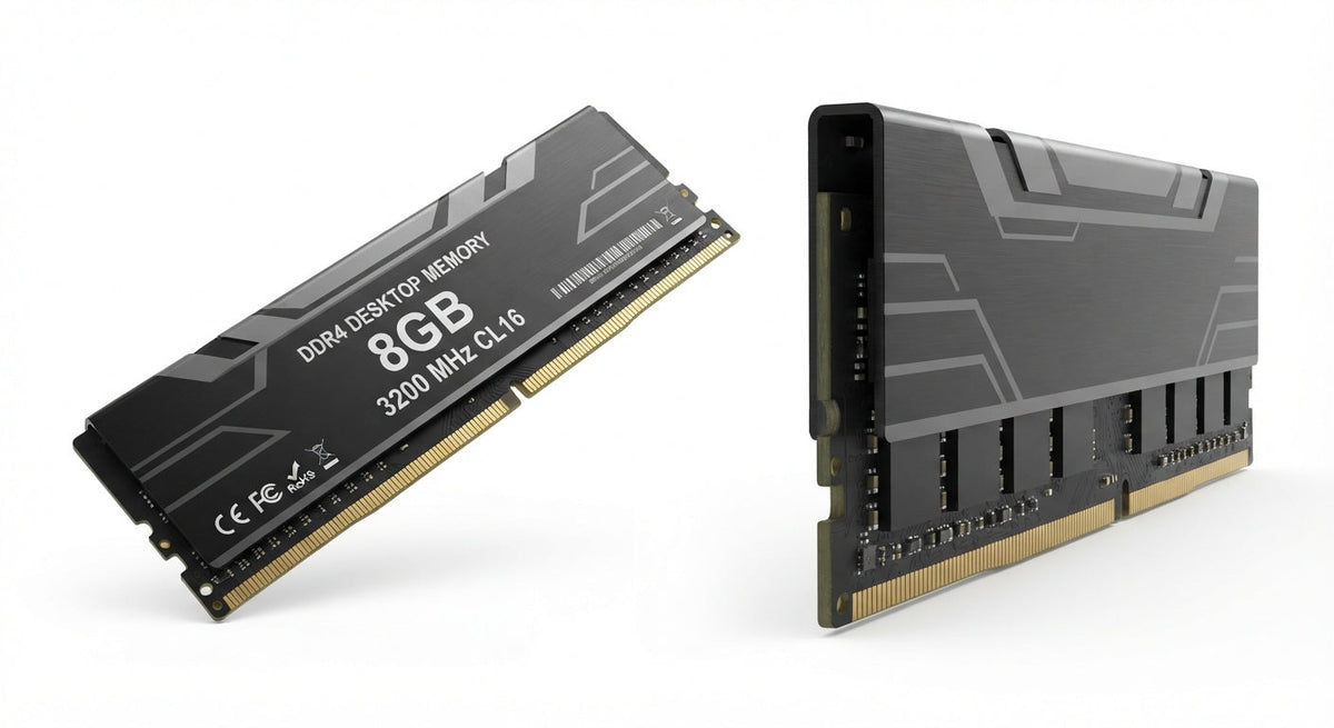 Barrette mémoire vive RAM DDR4 noire 8 Go à 3200 MHz avec dissipateur thermique métallique et design moderne.