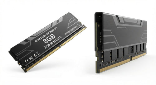 Barrette mémoire vive RAM DDR4 noire 8 Go à 3200 MHz avec dissipateur thermique métallique et design moderne.