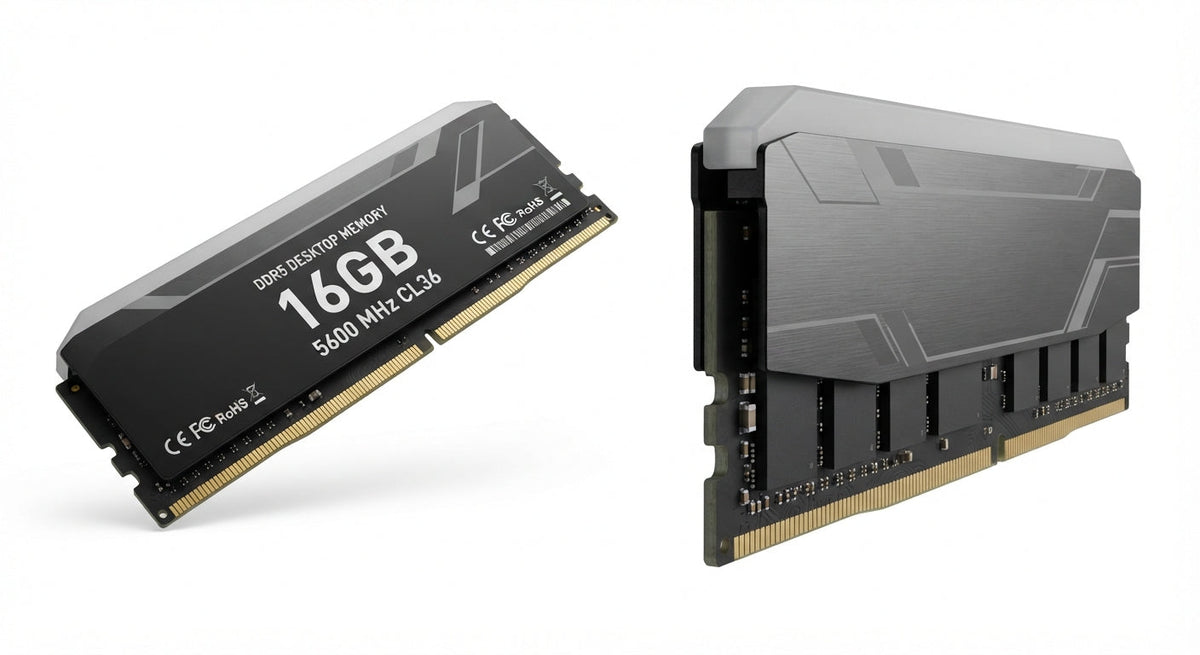Barrette de mémoire vive noire et grise DDR5 16 Go à 5600 MHz avec dissipateur thermique en métal et plastique.