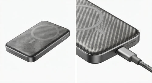 Batterie externe MagSafe compacte noire avec revêtement tressé en fibre de Kevlar ultra-résistant et charge sans fil magnétique.