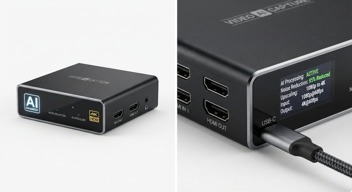 Boîtier de capture vidéo noir avec écran numérique, ports HDMI, USB-C et câble tressé noir robuste, design compact et moderne.