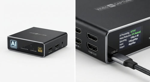 Boîtier de capture vidéo noir avec écran numérique, ports HDMI, USB-C et câble tressé noir robuste, design compact et moderne.
