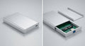 boîtier externe pour disques SSD et HDD en aluminium argenté, design compact avec ouverture sans outil et connecteur USB 3.0 bleu visible
