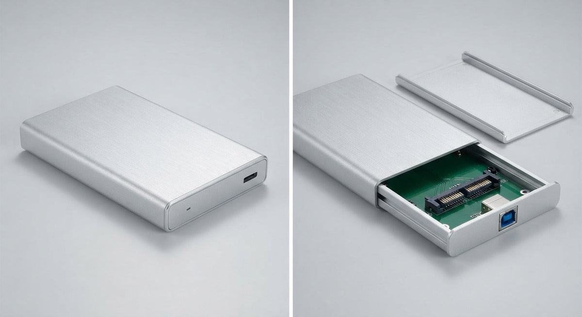 boîtier externe pour disques SSD et HDD en aluminium argenté, design compact avec ouverture sans outil et connecteur USB 3.0 bleu visible