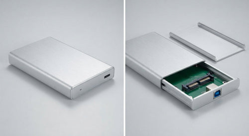 boîtier externe pour disques SSD et HDD en aluminium argenté, design compact avec ouverture sans outil et connecteur USB 3.0 bleu visible