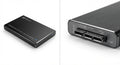 Boîtier externe pour disque noir en aluminium brossé avec finition chromée et connecteur USB 3.0, montre un témoin LED bleu.