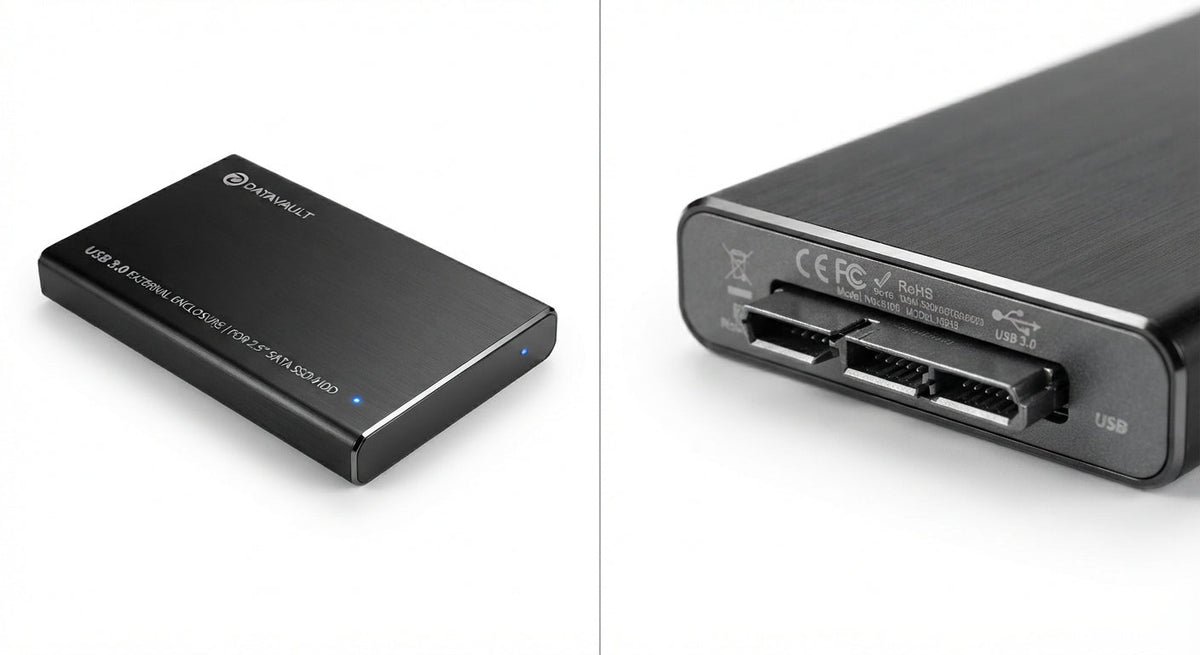 Boîtier externe pour disque noir en aluminium brossé avec finition chromée et connecteur USB 3.0, montre un témoin LED bleu.