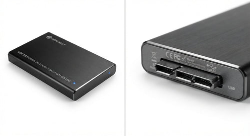 Boîtier externe pour disque noir en aluminium brossé avec finition chromée et connecteur USB 3.0, montre un témoin LED bleu.