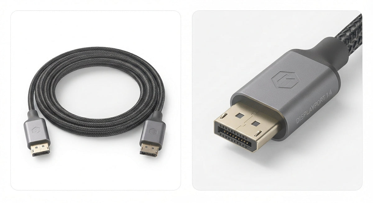 Câble DisplayPort vers DisplayPort noir avec gaine tressée en fibre de Kevlar et connecteurs métalliques robustes, DisplayPort 1.4.