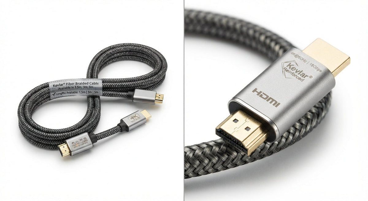 Câble HDMI haute vitesse tressé noir en fibre de Kevlar avec connecteurs métalliques plaqués or pour 4K Ultra HD.