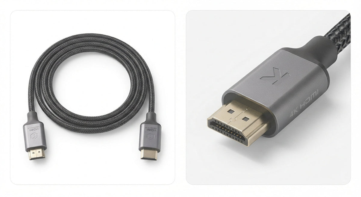Câble HDMI haute vitesse avec gaine tressée noire en fibre de Kevlar et connecteurs métalliques gris marqués 4K HDMI.