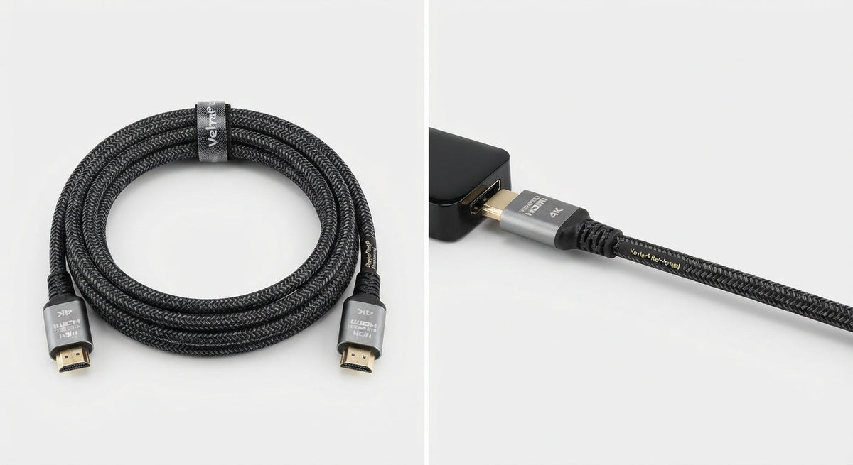 Câble HDMI haute vitesse noir tressé en fibre de Kevlar avec connecteurs métalliques gris et or, durable et résistant.