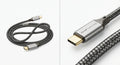 Câble USB-C vers USB-C tressé noir en fibre de Kevlar avec connecteurs en aluminium gris, renforcé et durable.