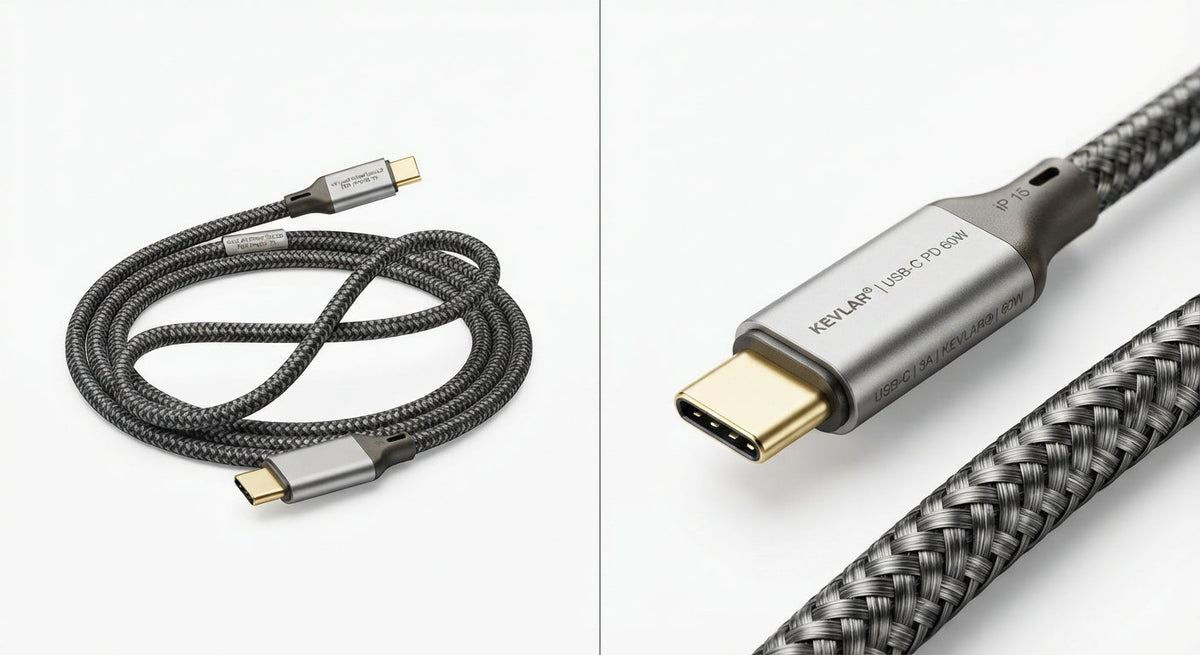 Câble USB-C vers USB-C tressé noir en fibre de Kevlar avec connecteurs en aluminium gris, renforcé et durable.