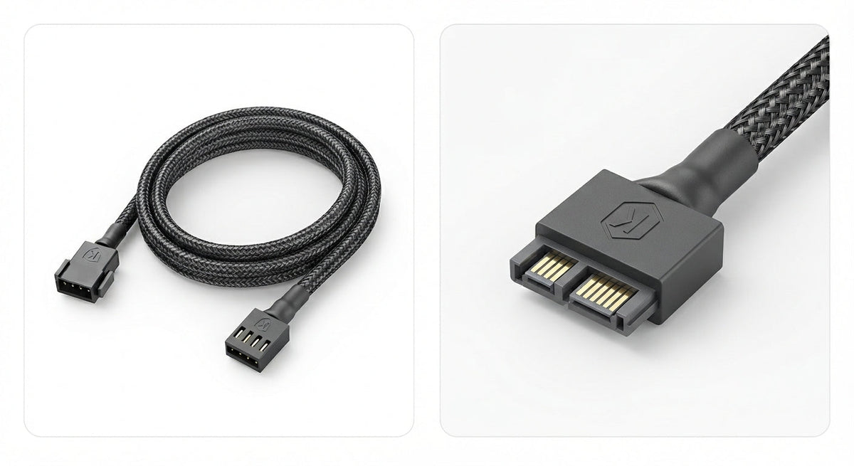 Câble d'alimentation SATA noir tressé en fibre de Kevlar avec connecteurs robustes pour disques durs et SSD.