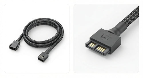 Câble d'alimentation SATA noir tressé en fibre de Kevlar avec connecteurs robustes pour disques durs et SSD.