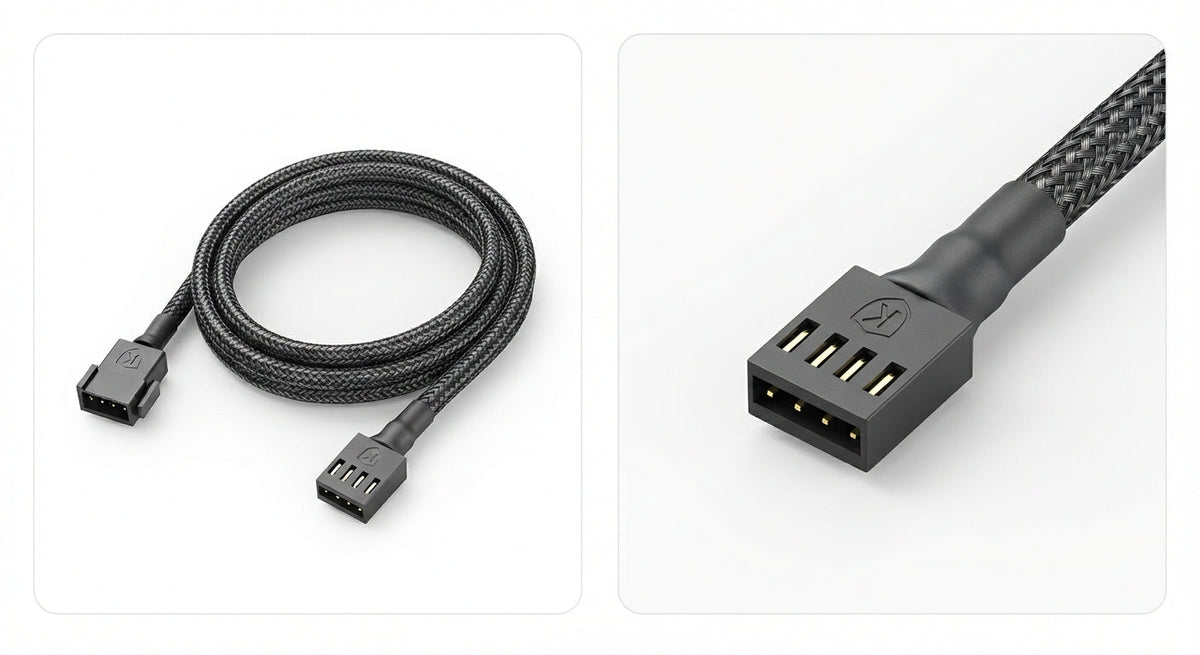 Câble d'extension noir tressé en fibre de Kevlar avec connecteurs 4 broches pour ventilateur de PC, robuste et flexible.