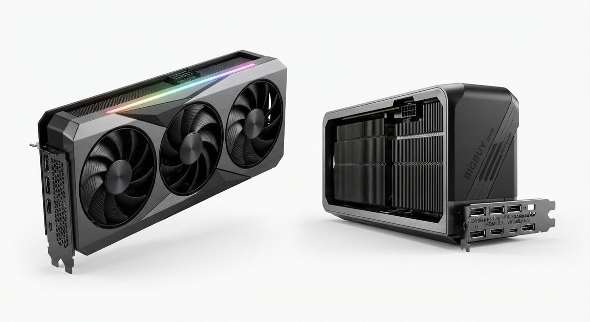 Carte graphique haut de gamme noire avec système de refroidissement triple ventilateur et éclairage RGB sur le dessus.