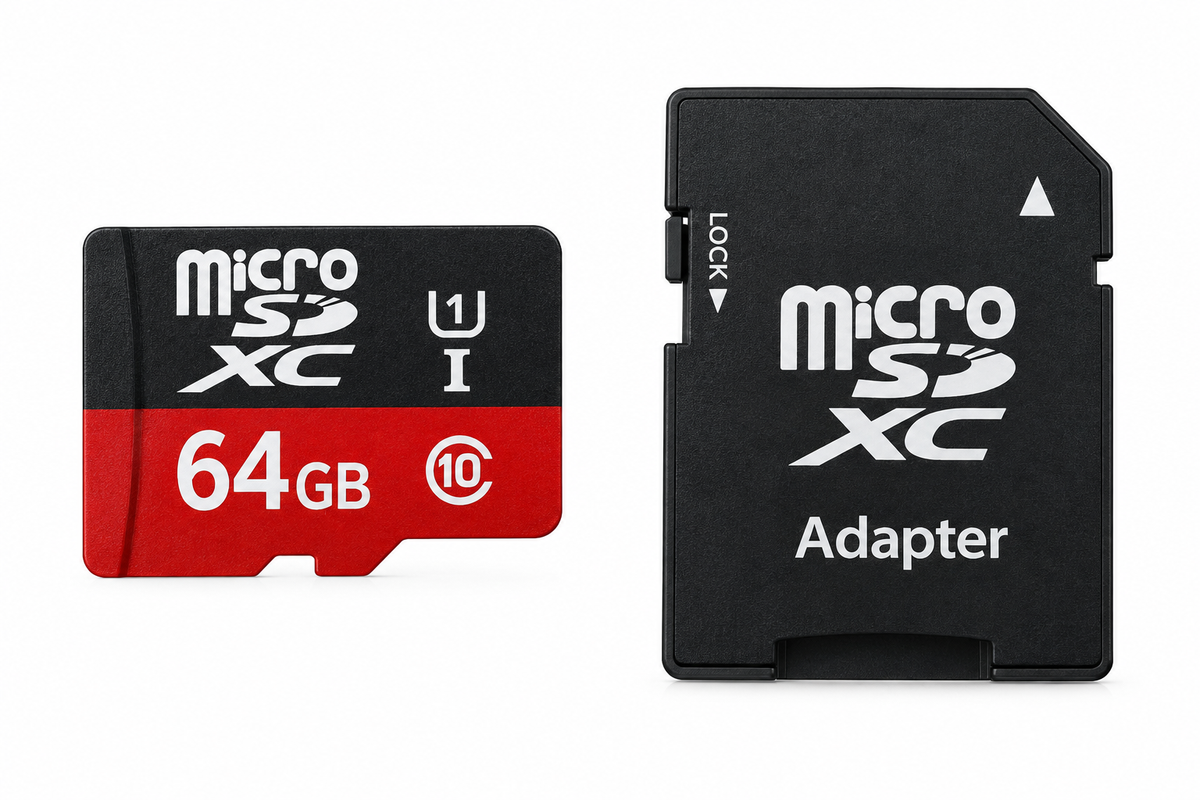 Carte mémoire MicroSDXC 64 Go noire et rouge avec adaptateur SD noir, indiquant une capacité de 64 Go et classe 10.