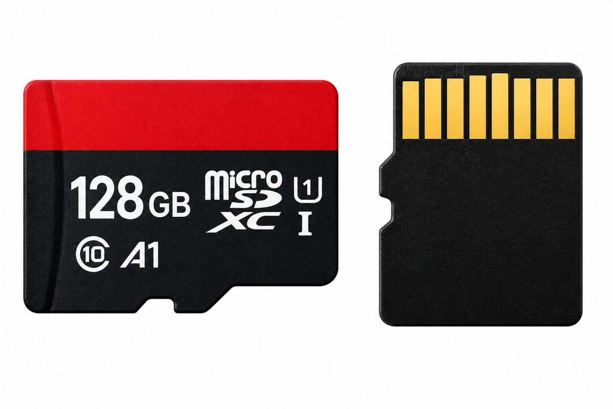 Carte mémoire MicroSDXC 128 Go noire et rouge avec marquages blancs, capacité élevée et design compact recto-verso.