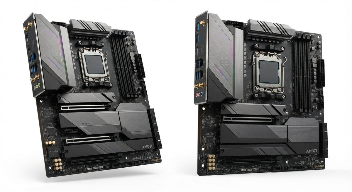 Carte mère pour processeur AMD noire avec dissipateurs métalliques, slots PCIe, emplacements mémoire DDR et connectique moderne.