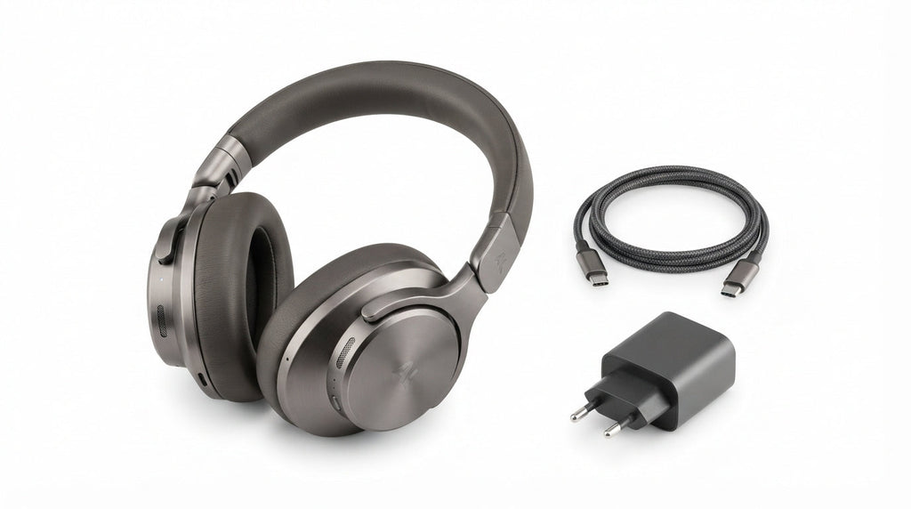 Casque de réduction de bruit active sans fil gris anthracite avec coussinets en mousse à mémoire de forme, câble USB-C et adaptateur secteur européen.