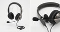 Casque micro-stéréo élégant gris anthracite avec arceau rembourré, coussinets noirs et microphone antibruit ajustable.