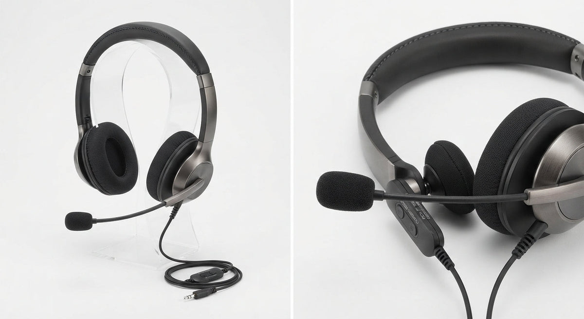 Casque micro-stéréo élégant gris anthracite avec arceau rembourré, coussinets noirs et microphone antibruit ajustable.