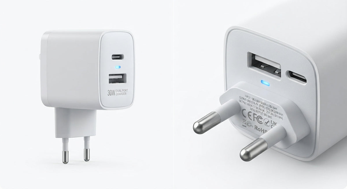 Chargeur secteur mural blanc compact plastique avec double ports USB-A et USB-C, fiches rondes européennes et voyant bleu lumineux.