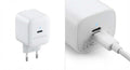 Chargeur secteur mural blanc compact avec port USB-C, technologie Super Fast Charge 25W, fiches rondes européennes.