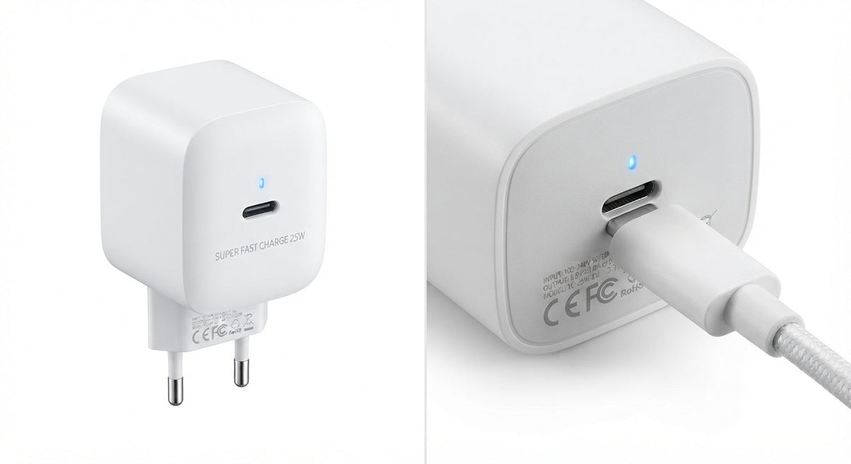 Chargeur secteur mural blanc compact avec port USB-C, technologie Super Fast Charge 25W, fiches rondes européennes.