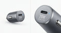 Chargeur allume-cigare compact gris en alliage métallique avec port USB-C Power Delivery 20W et témoin LED bleu.