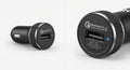Chargeur allume-cigare noir en alliage métallique avec technologie Quick Charge 3.0 et port USB pour recharge rapide.
