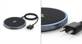 Chargeur sans fil rond noir avec surface textile, contour métallisé gris avec inscription 15W FAST CHARGE et câble intégré.
