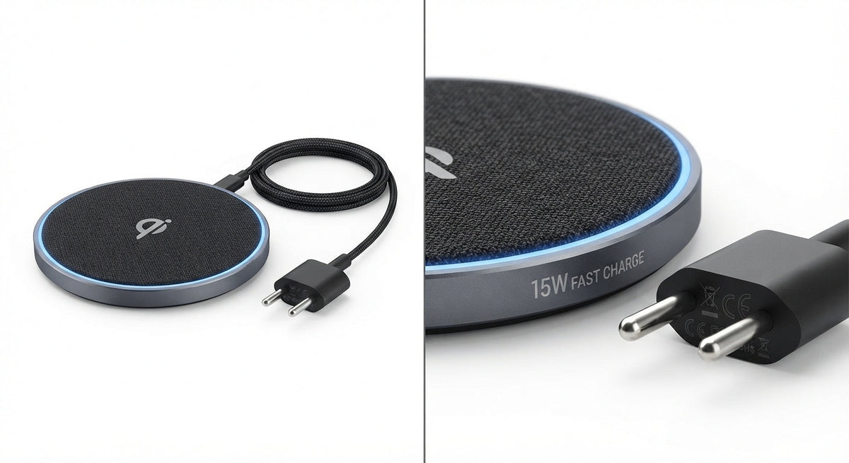 Chargeur sans fil rond noir avec surface textile, contour métallisé gris avec inscription 15W FAST CHARGE et câble intégré.