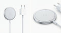 Chargeur sans fil rond gris argenté avec contour métallique, surface texturée et câble USB-C tressé intégré.