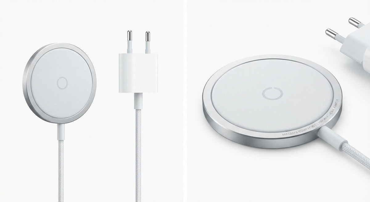 Chargeur sans fil rond gris argenté avec contour métallique, surface texturée et câble USB-C tressé intégré.