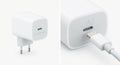 Chargeur secteur mural blanc compact en plastique avec port USB-C et câble Lightning pour recharge rapide iPhone.