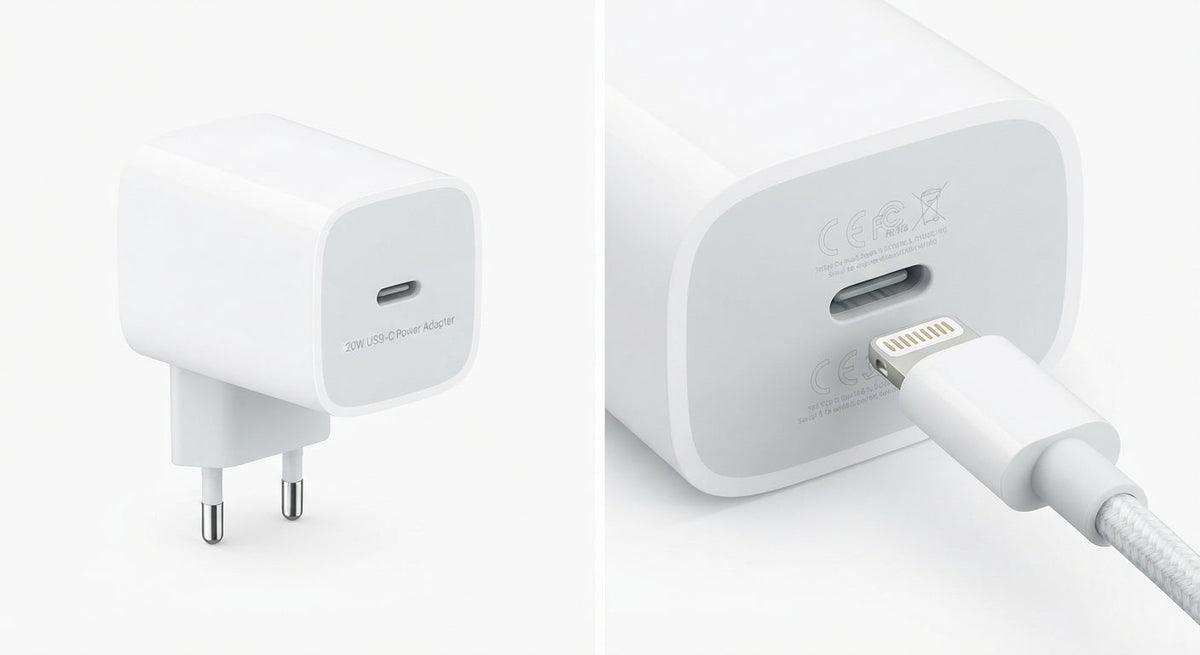 Chargeur secteur mural blanc compact en plastique avec port USB-C et câble Lightning pour recharge rapide iPhone.