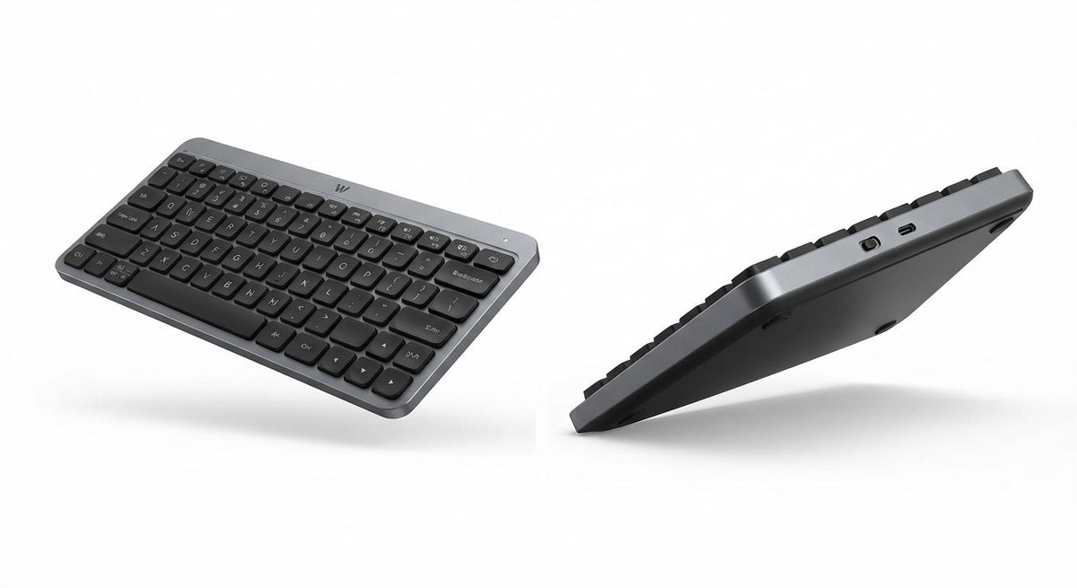 Clavier bureautique sans fil compact gris foncé avec touches noires, profil fin, design moderne et connectivité USB.