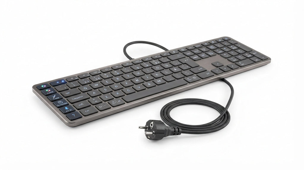 Clavier connecté noir et gris métal avec touches de raccourci dédiées IA, câble tressé robuste et prise européenne.