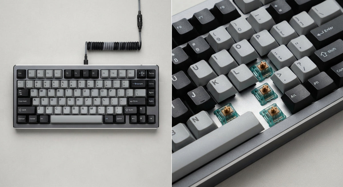Clavier mécanique compact avec châssis en métal argenté, touches PBT grises et noires, switches lubrifiés visibles sous certaines touches.