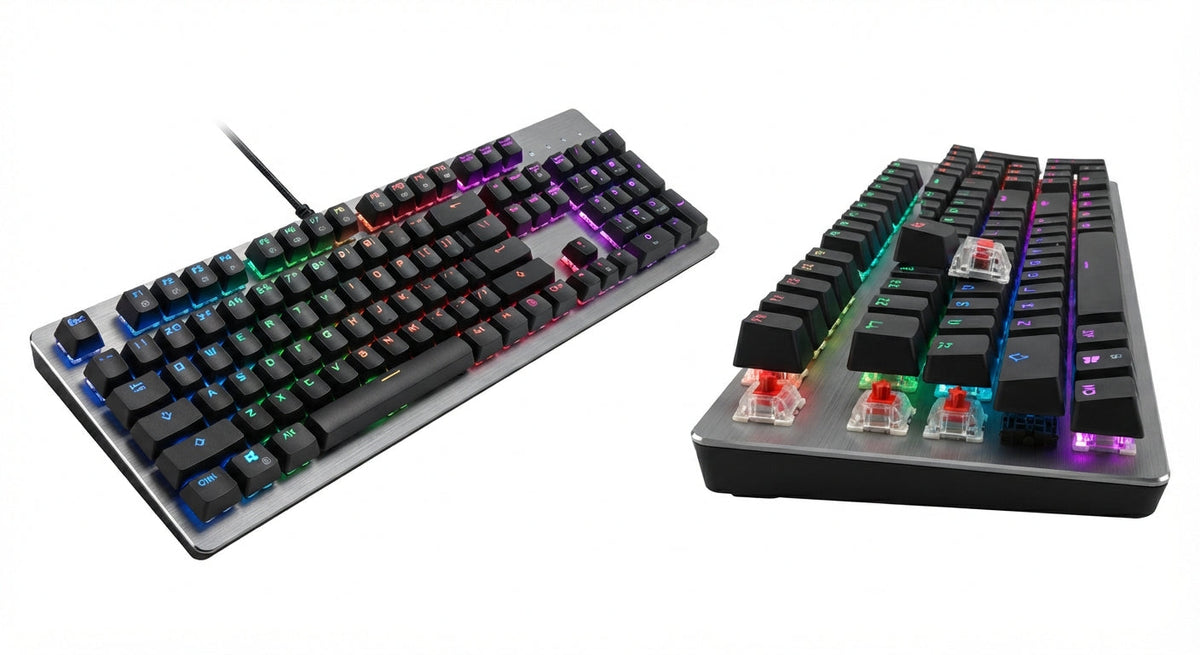 clavier mécanique gamer rétroéclairé noir avec touches rétroéclairées RGB et châssis en métal brossé robuste et moderne