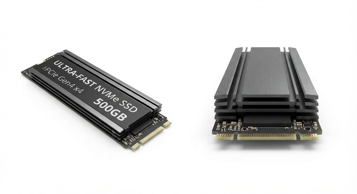 Disque SSD Interne noir en format M.2 2280 avec dissipateur thermique métallisé et capacité de 500 Go ultra-rapide PCIe Gen4x4.