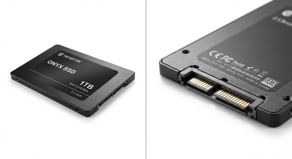 Disque SSD SATA III noir 2,5 pouces 1 To avec connecteur SATA, design fin et compact, inscription ONYX SSD 1TB.
