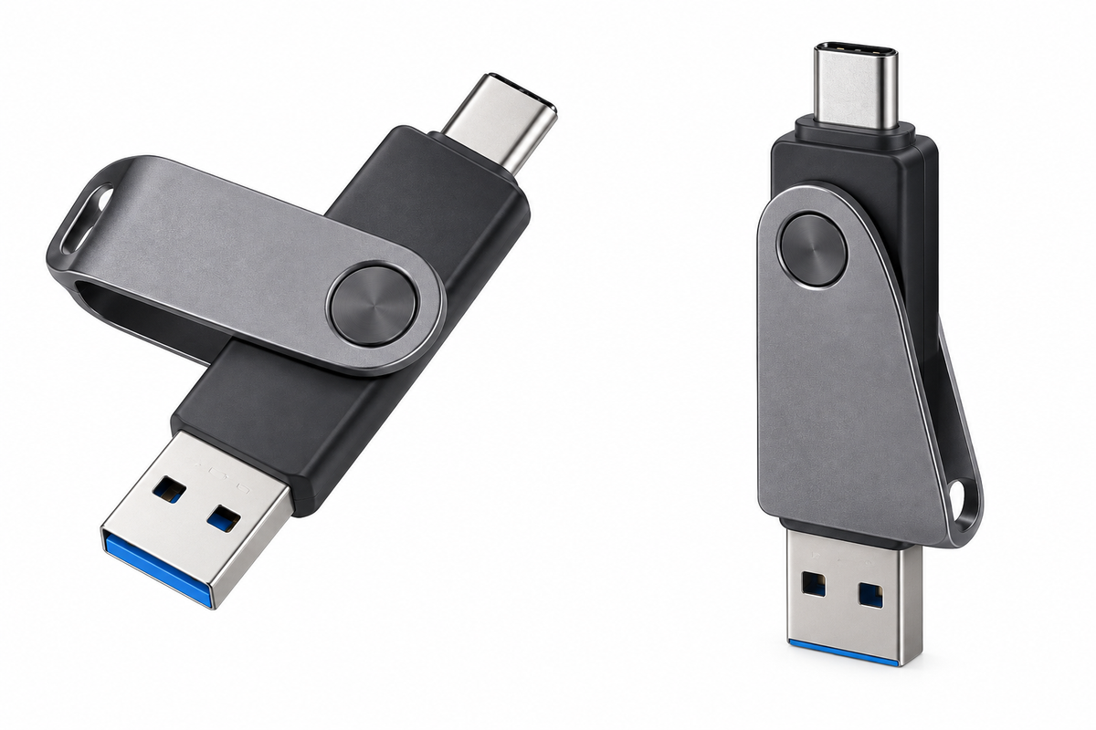 Clé USB double connectique noire avec embouts USB-A et USB-C, coque pivotante métallique grise, design compact.